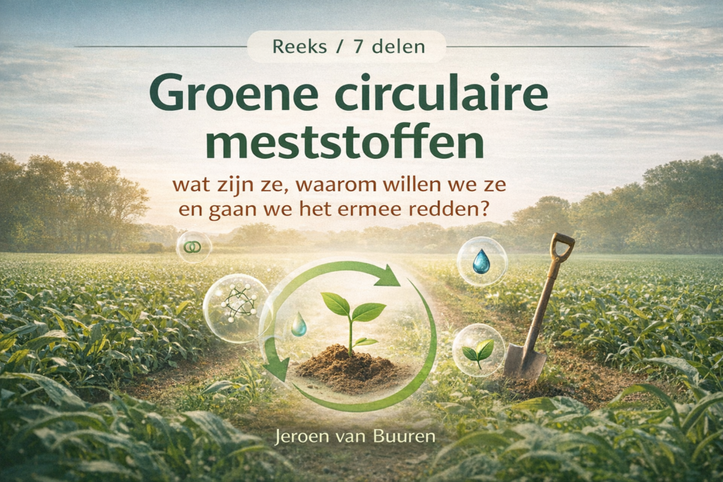 Omslagbeeld voor de reeks ‘Groene circulaire meststoffen: wat zijn ze, waarom willen we ze en gaan we het ermee redden?’ tegen een landbouwachtergrond met jonge plant in aarde.