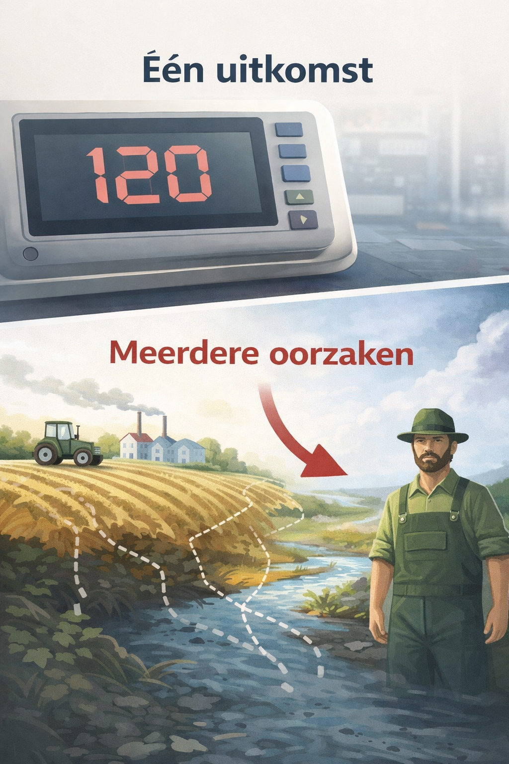 Afbeelding die laat zien dat een KPI één uitkomst geeft terwijl meerdere bronnen bijdragen aan de werkelijkheid, met nadruk op verkeerde toerekening aan één actor