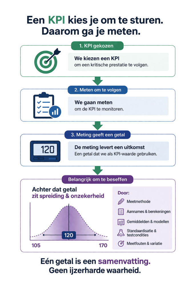 in 4 stappen inzicht dat een KPI op meting berust en dat gemeten getal in meting geen harde waarheid is, maar een uitkomst die spreiding kent.