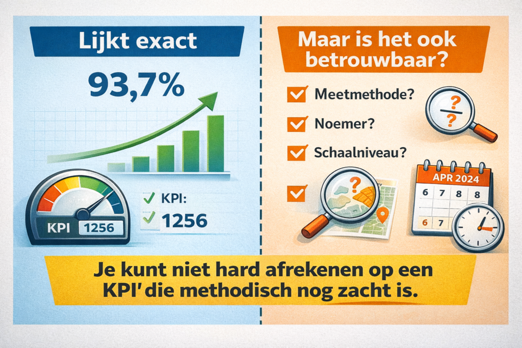 Illustratie bij doelsturing en KPI’s: een KPI kan precies lijken, maar toch onvoldoende betrouwbaar zijn voor harde sturing of afrekening.