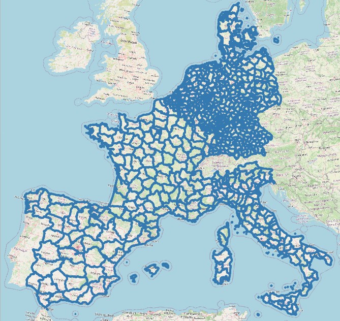 Kaart van Europa met de officiële Eurostat NUTS 3-gebiedsindeling.