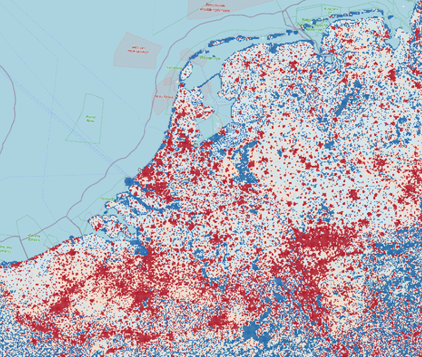 Kaart van Nederland met bevolkingsdichtheid per gridcel van 1 km², ingedeeld in vier bevolkingsklassen van onbewoond tot sterk verstedelijkt.