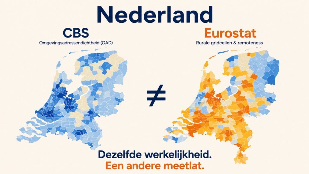 Vergelijking van de Nederlandse gebiedsindeling volgens CBS en Eurostat. Dezelfde werkelijkheid, maar een andere meetlat voor stedelijkheid en platteland.
