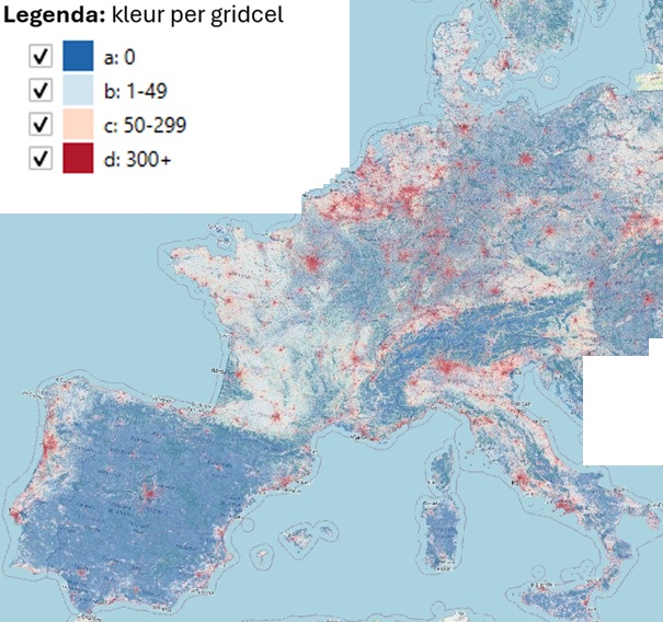 Kaart van Noordwest-Europa met de bevolkingsdichtheid per gridcel van 1 km², ingedeeld in vier klassen van onbewoond tot stedelijk gebied.