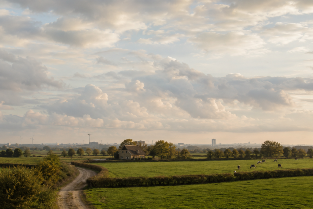 Oost-Nederlands coulisselandschap waarin aan de verre horizon subtiel de overgang zichtbaar wordt van traditioneel platteland naar stedelijke bebouwing en infrastructuur.