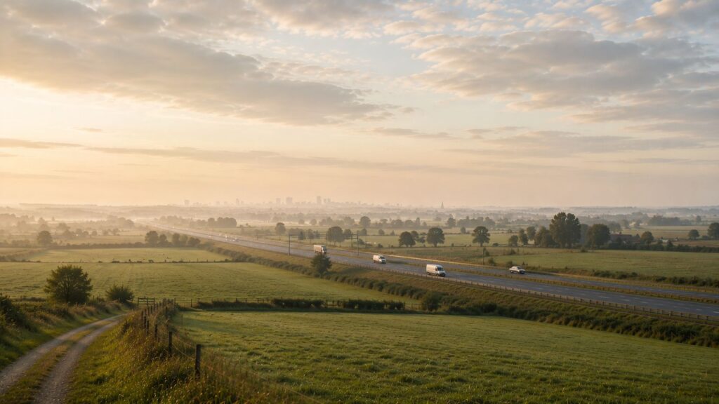 Agrarisch landschap in Noordwest-Europa met een snelweg richting een verre stad aan de horizon, als illustratie van de functionele verbondenheid tussen platteland en stedelijke gebieden.